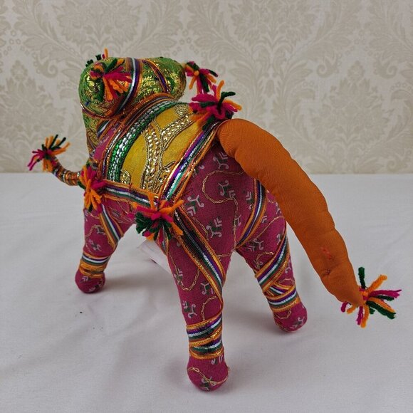 Pair of Fabric Elephants Free Standing Pink Orange Gold Sequins  Beads Tassels - Picture 12 of 15